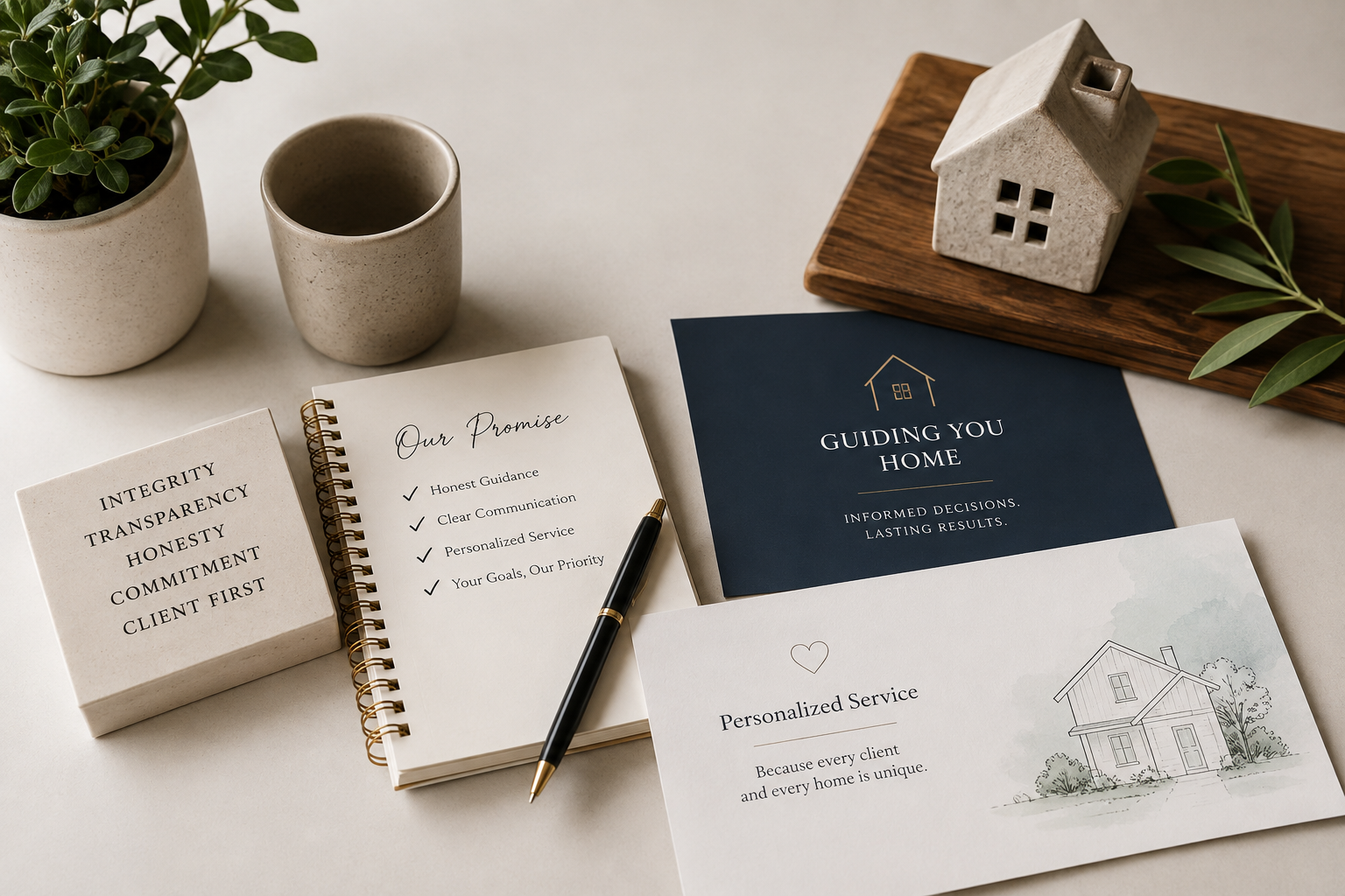 Honest real estate guidance and personalized service represented by a client promise, home model, and professional workspace